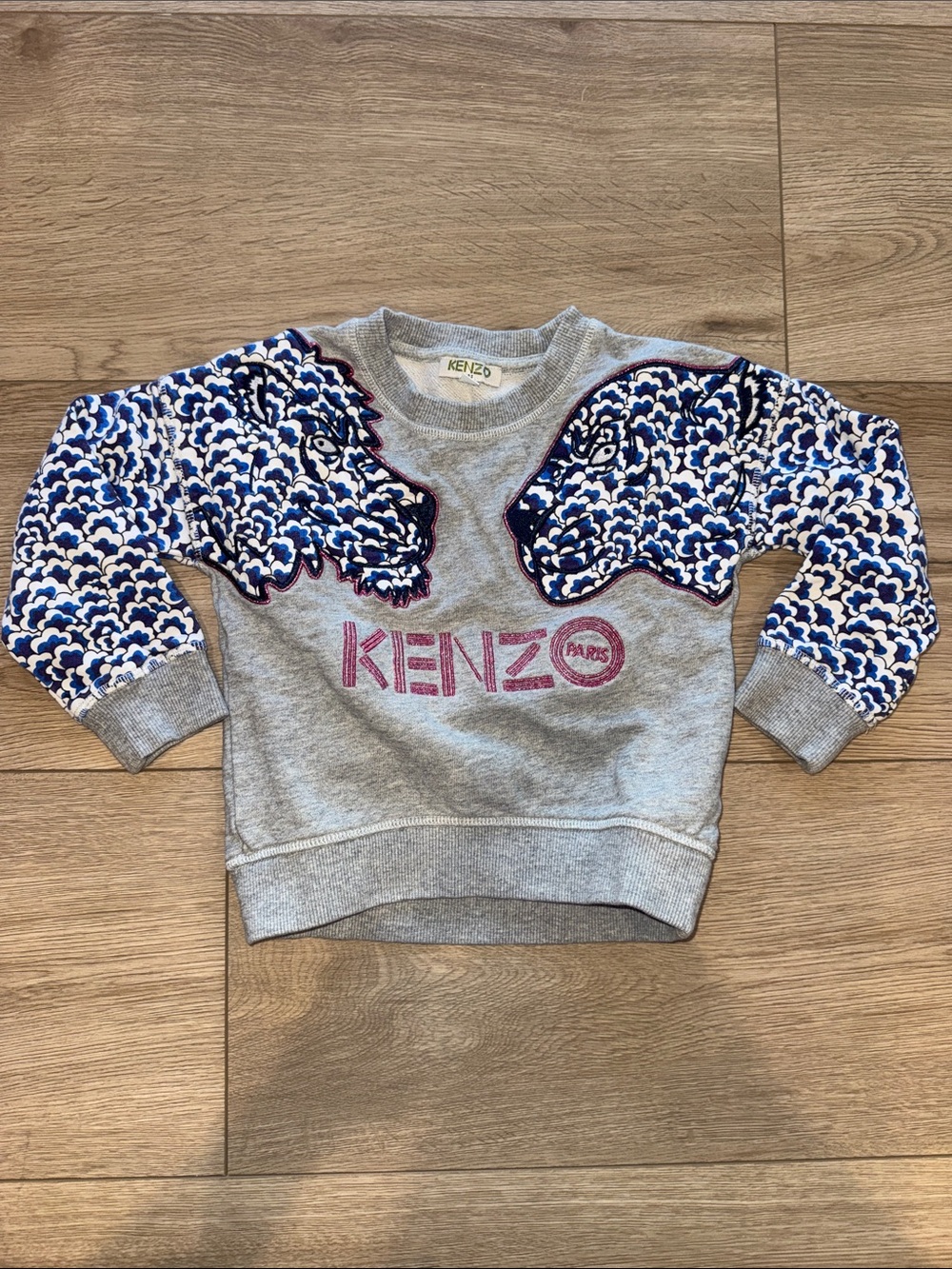 Kenzo Kids Grey Sweatshirt with Blue Patterned Sleeve Embroidery